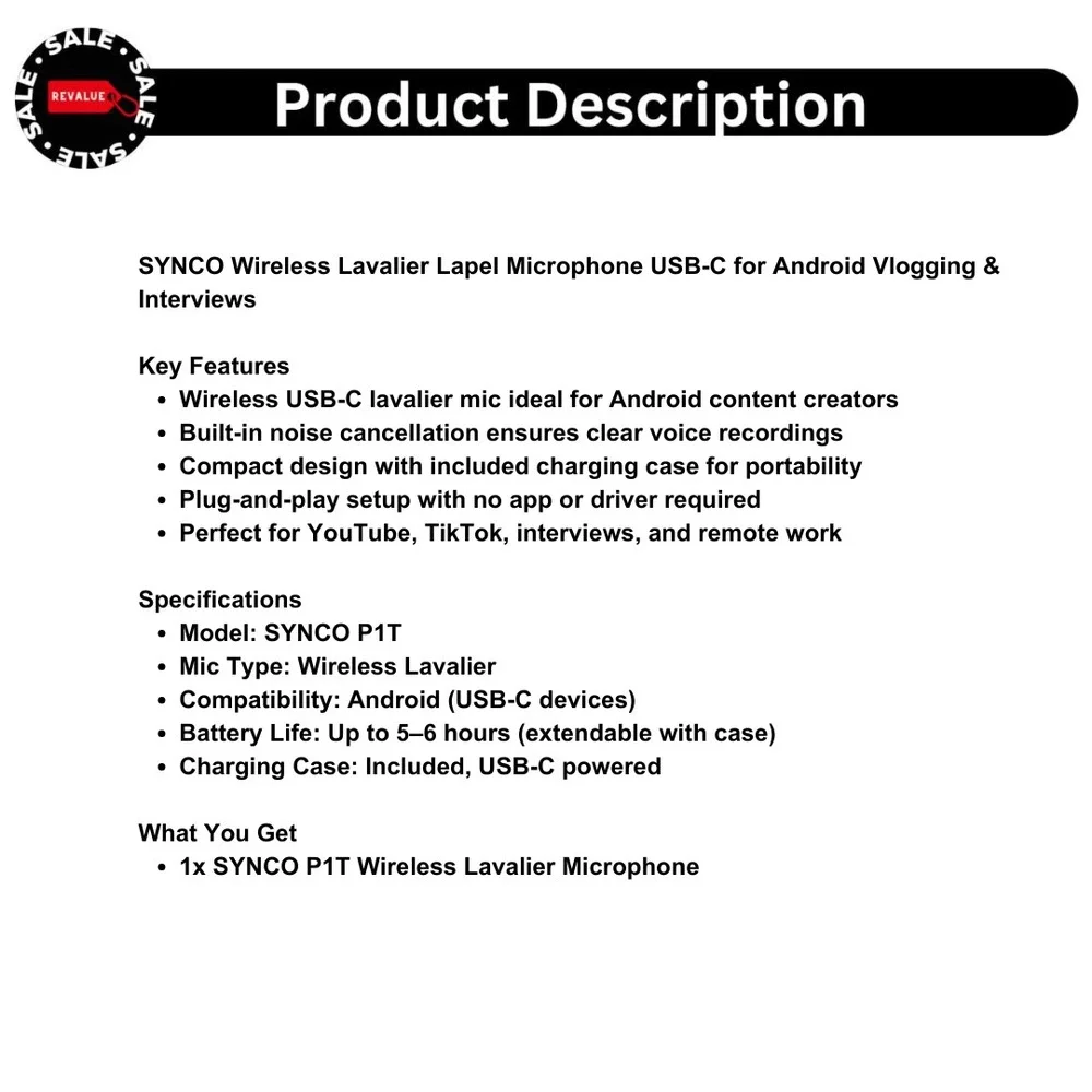SYNCO Wireless Lavalier Lapel Microphone USB-C for Android Vlogging & Interviews